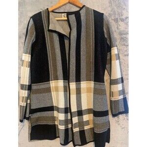 Anne Klein Long Duster Cardigan  Medium Multicolor Tartan Plaid  Career Y2K